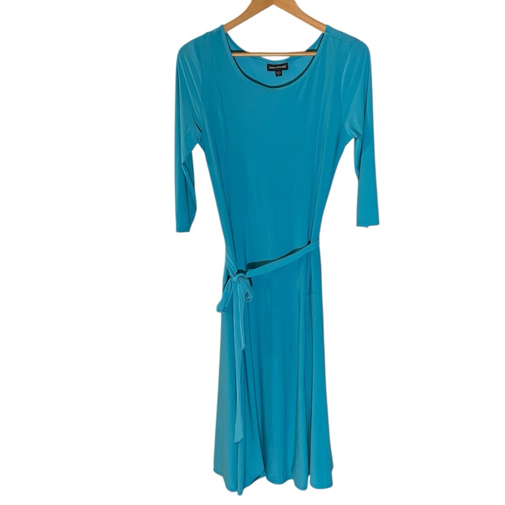 F9- Nina Leonard Large Lg Turquoise Long Sleeve Tie-Waist Dress